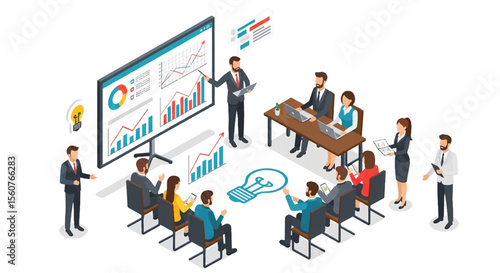 Adobe Illustrator vector flat style illustration of an isometric business presentation scene with speakers presenting data charts to an audience in a meeting room