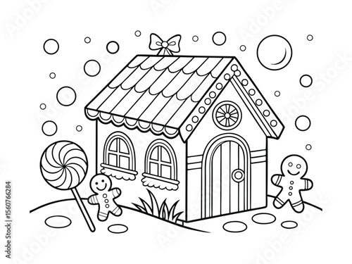 A Christmas A4-size colouring page. gingerbread house