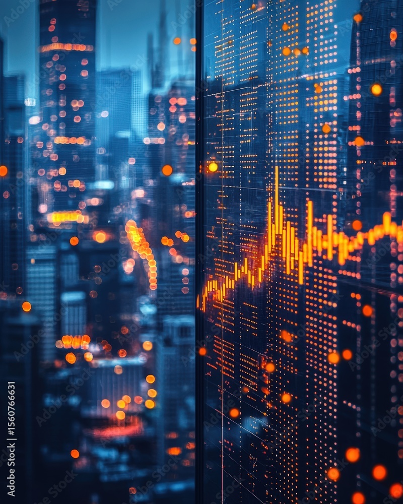 Digital cityscape with vibrant financial data visualization at night Digital cityscape with vibrant financial data visualization at night