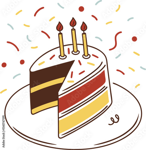 Layered Birthday Cake Slice with Three Candles and Confetti vector
