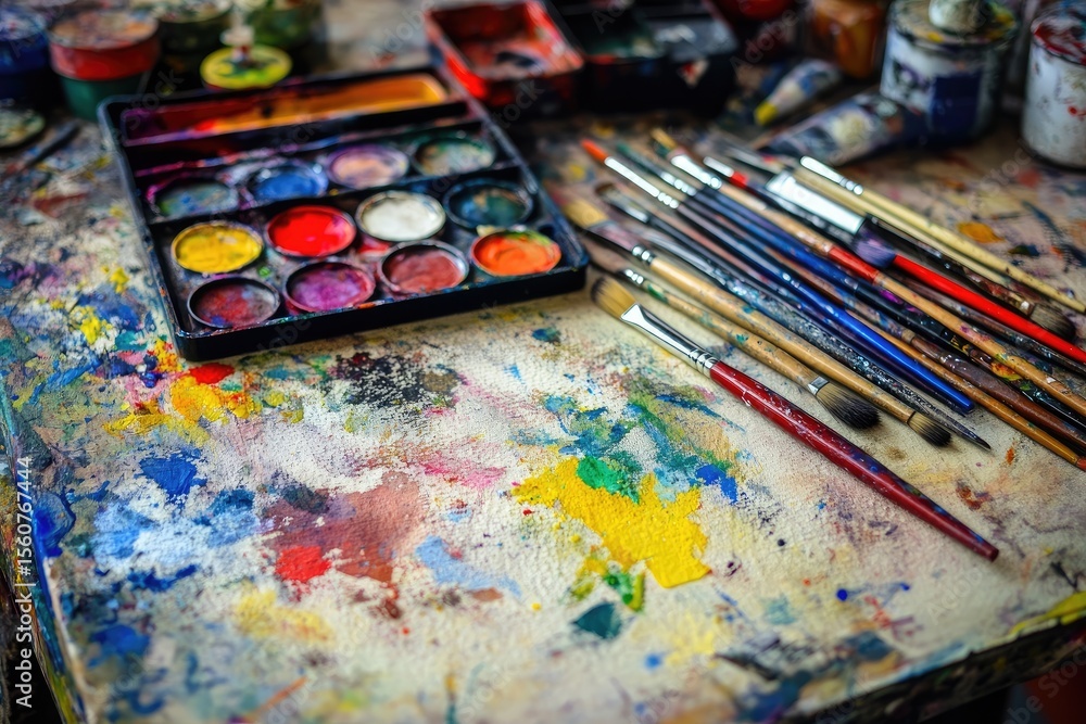 Fototapeta premium Colorful artist's palette and brushes on a table. Watercolor paints, various brushes, and splattered paint on a wood surface
