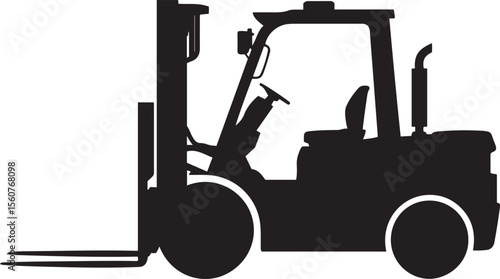 Black Silhouette of a Forklift, Industrial, Heavy Duty, Side View