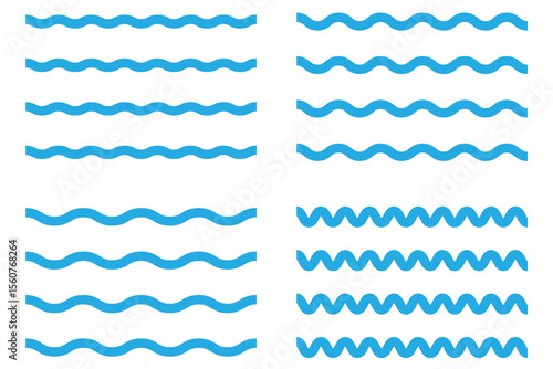 Wave line and wavy zigzag lines. Vector blue underlines, smooth end squiggly horizontal, squiggles. Wavy, waving, line. Vector zigzag and wavy horizontal underline. Vector line border, wave ripple.