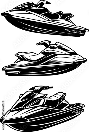 Bold black silhouette of sleek jet skis from multiple angles, perfect for summer adventure designs