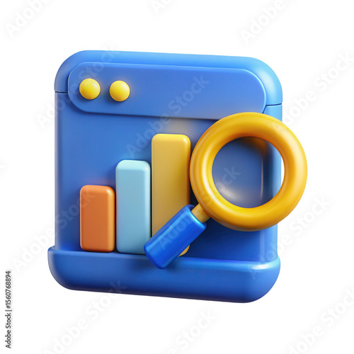 3d web analytics chart magnifier icon isolated on transparent background