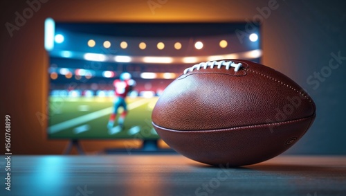 A leather football rests in front of a television showing a football game.