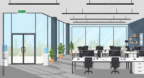 Adobe Illustrator vector flat style illustration of a spacious, modern open-plan office interior with multiple workstations, computers, and lush plants, designed for a productive work environment