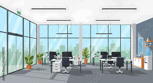 Adobe Illustrator vector flat style illustration of a spacious, modern open-plan office interior with multiple workstations, computers, and lush plants, designed for a productive work environment