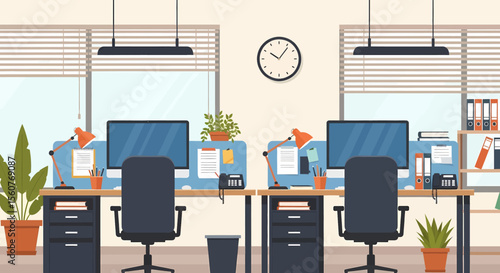 Adobe Illustrator vector flat style illustration of a spacious, modern open-plan office interior with multiple workstations, computers, and lush plants, designed for a productive work environment