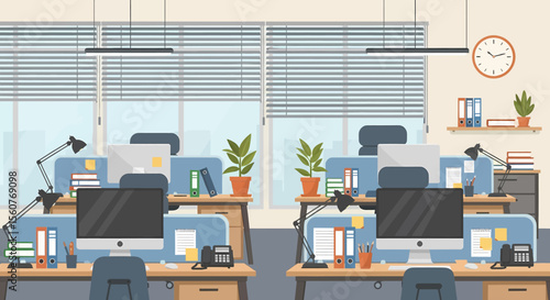 Adobe Illustrator vector flat style illustration of a spacious, modern open-plan office interior with multiple workstations, computers, and lush plants, designed for a productive work environment