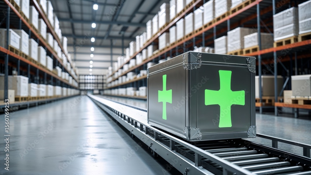 Naklejka premium Medical supplies in a warehouse ready for shipping and distribution on a conveyor belt.
