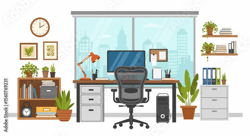 Adobe Illustrator vector flat style illustration of a modern and organized business office workspace with a desk, computer, chair, shelves, plants, and city view, promoting productivity