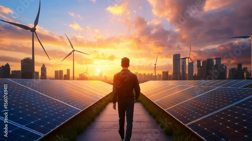 A renewable gas production facility in a futuristic cityscape, surrounded by wind turbines and solar panels, showing the harmony between technology and sustainability