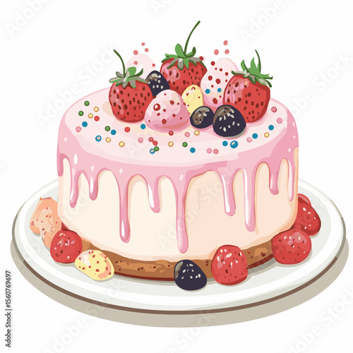 beautiful bright pink birthday cake, vector image, delicious food, cake with berries