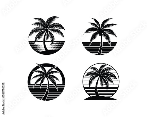 This set of four stylized, black and white coconut tree silhouettes evokes a vintage, summery feel