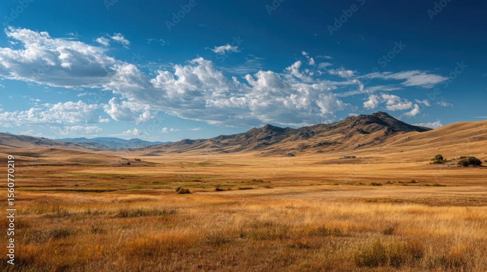 Fototapeta premium Vibrant golden fields stretch endlessly under a vivid blue sky filled with playful clouds. A serene mountain range looms in the distance, enhancing the tranquil landscape's beauty.