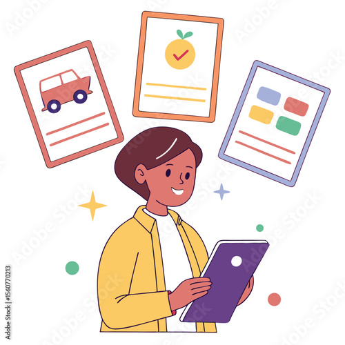 Person Evaluating Various Digital Documents and Information on a Tablet Device