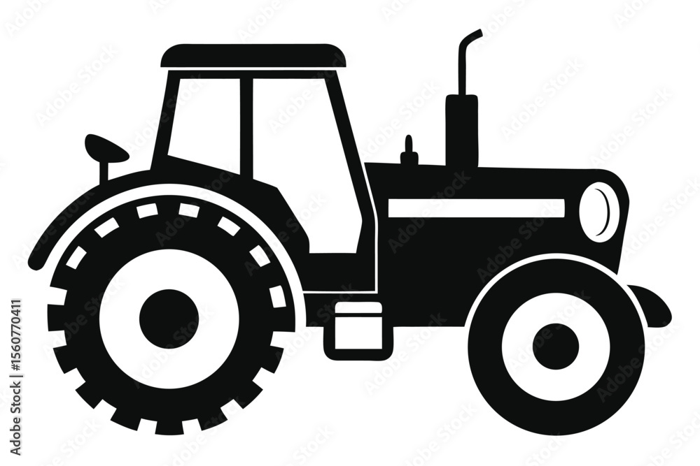 Obraz premium Isolated Black and White Vector Illustration of a Tractor with Large Wheels and Cab