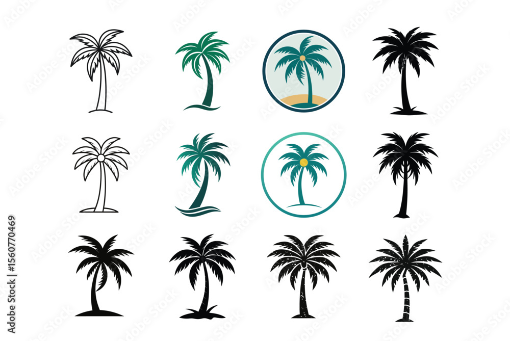 Naklejka premium Flat Palm Tree Icons – Summer, Island, and Nature Vector Collection