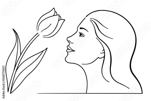 Woman smelling tulip profile face