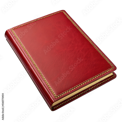 Elegant red leather bound journal with gold stitching isolated on transparent background