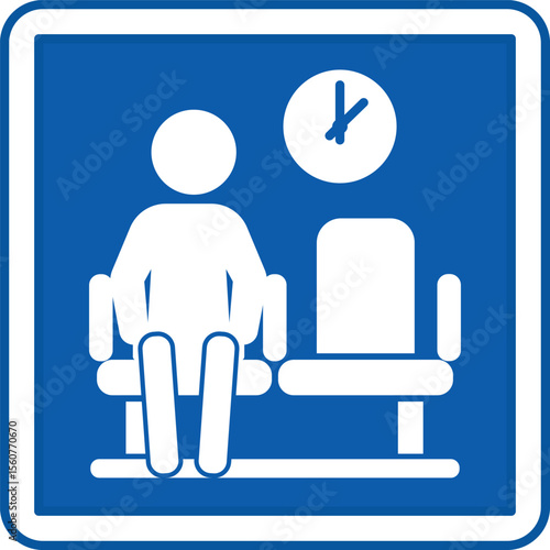 Blue Waiting Area Sign. Vector Illustration. Waiting Area For Doctor's Appointment. Man Sits And Waits For His Time. Hospital Department Sign
