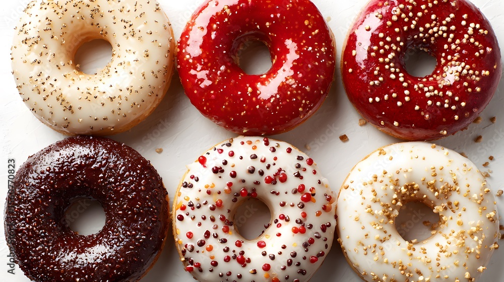 A mouthwatering selection of glazed and sprinkled donuts on display. A mouthwatering selection of glazed and sprinkled donuts on display.