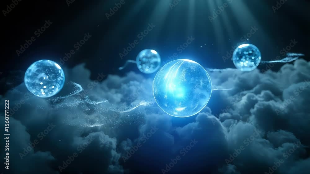 Transparent spheres float above glittering surface with light rays. Concept of mystery and future. Transparent spheres float above glittering surface with light rays. Concept of mystery and future.
