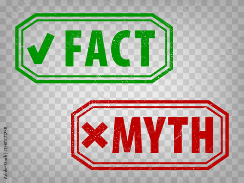 Fact and myth grunge rubber stamp isolated on transparent  background.  True or fiction with check mark and cross.  Green Fact and red myth stamps for your design, app, UI.  EPS10.
