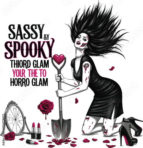 Spooky glam woman with shovel and roses heart lipstick