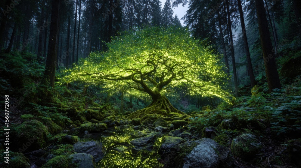 Obraz premium A stunning tree radiates vibrant green light in a tranquil forest at twilight. The serene stream reflects its glowing branches amidst lush, mossy surroundings.