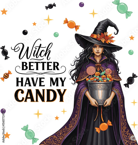 Witch holding bucket of candy surrounded by sweets and stars Halloween
