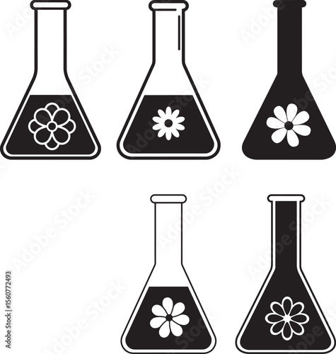 Erlenmeyer Flask with Flower Science Silhouette Vector Set vector illustration