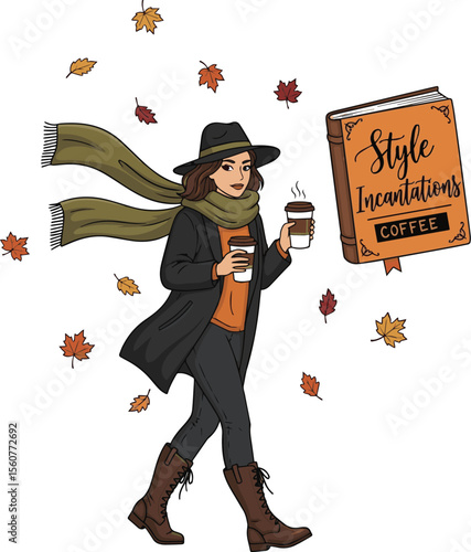 Woman in hat and scarf holding coffee cups surrounded by autumn leaves next to a book vector