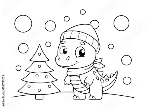 A4 Christmas winter colouring sheet, cute cartoon dinosaur. Cartoon winter style Dinosaur