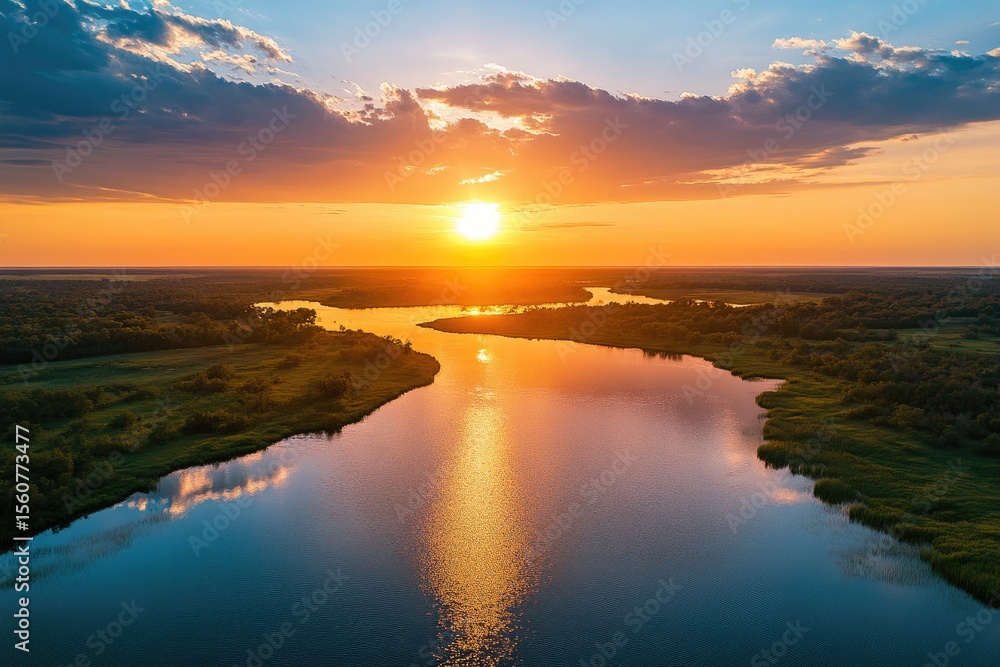 Fototapeta premium Scenic sunset over a river. Aerial view of a tranquil river winding through a lush landscape at golden hour. Reflecting sunlight paints the water. Dramatic clouds complete the serene scene