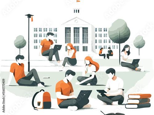 Students studying on campus using laptops and tablets in front of university building