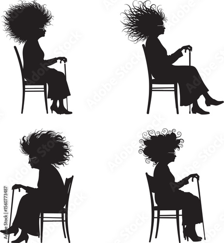 Lady with Cane Sitting Chair Silhouette Vector Set vector illustration