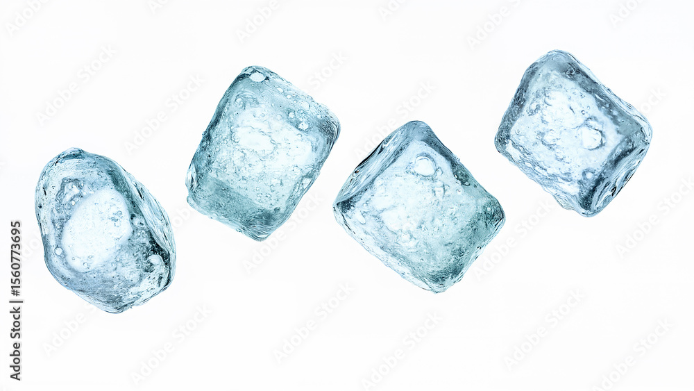 Obraz premium Blue ice cubes flying on isolated white background. Suitable for illustrating freshness, cold, or beverage concepts.