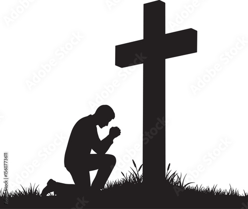 Man Praying at Cross Religious Silhouette vector illustration