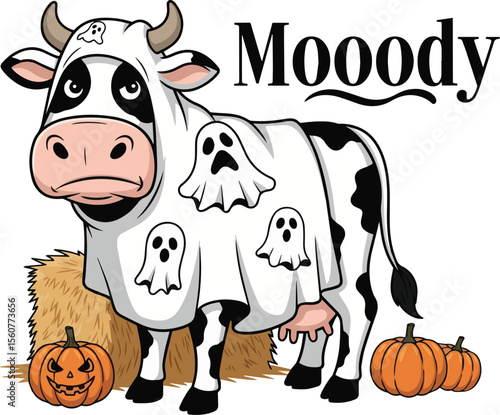 Cow dressed as ghost with pumpkins and hay halloween