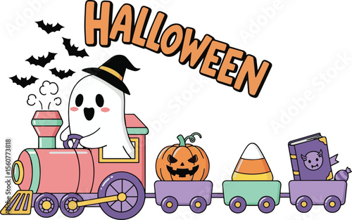 Cute ghost driving a Halloween train with bats pumpkin candy and spell book vector