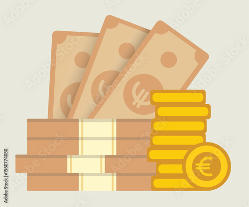 Flat vector euro currency notes with stacked golden coins on solid background for financial and forex concepts