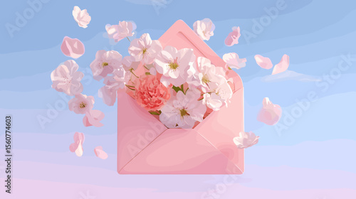 Pink envelope with flowers and petals floating in pastel background  