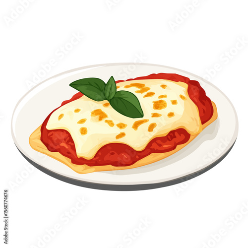 Minimal flat vector of a Chicken Parmigiana, 2D icon-style illustration on white background