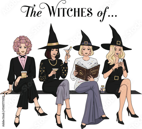 Four stylish witches enjoying drinks and reading a book women fashion