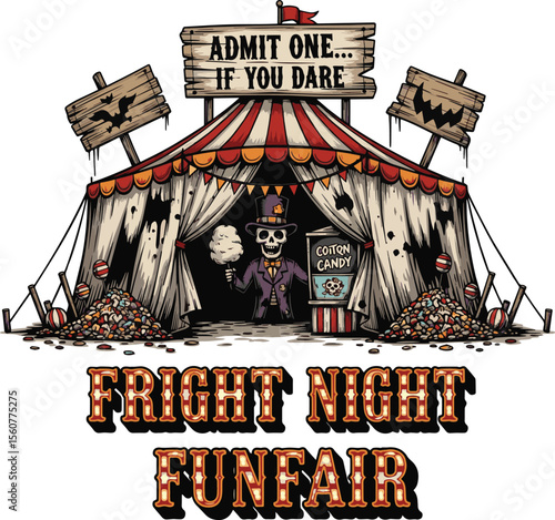 Fright Night Funfair Skeleton Cotton Candy Tent Admission Sign circus tent Halloween
