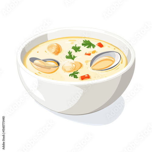 Flat 2D Clam Chowder illustration, vector graphic in icon style, on white background