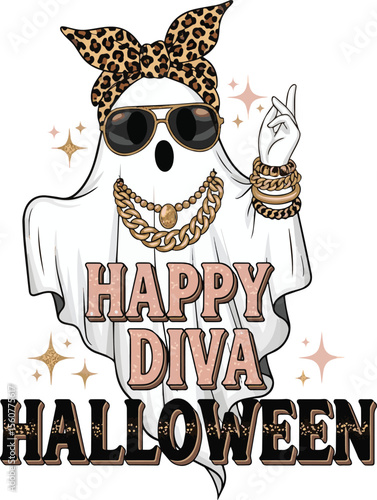 Ghost wearing sunglasses and jewelry with text halloween leopard print