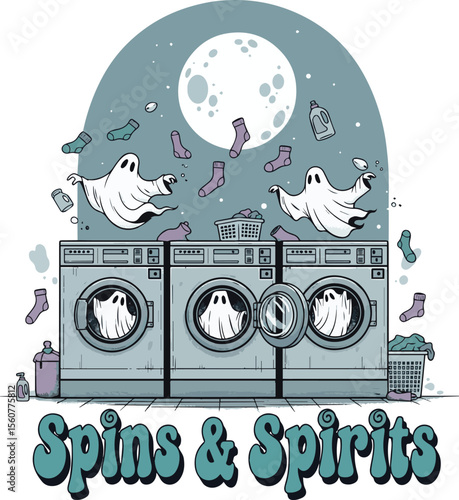 Ghosts and laundry machines with flying socks under a large moon washing machines